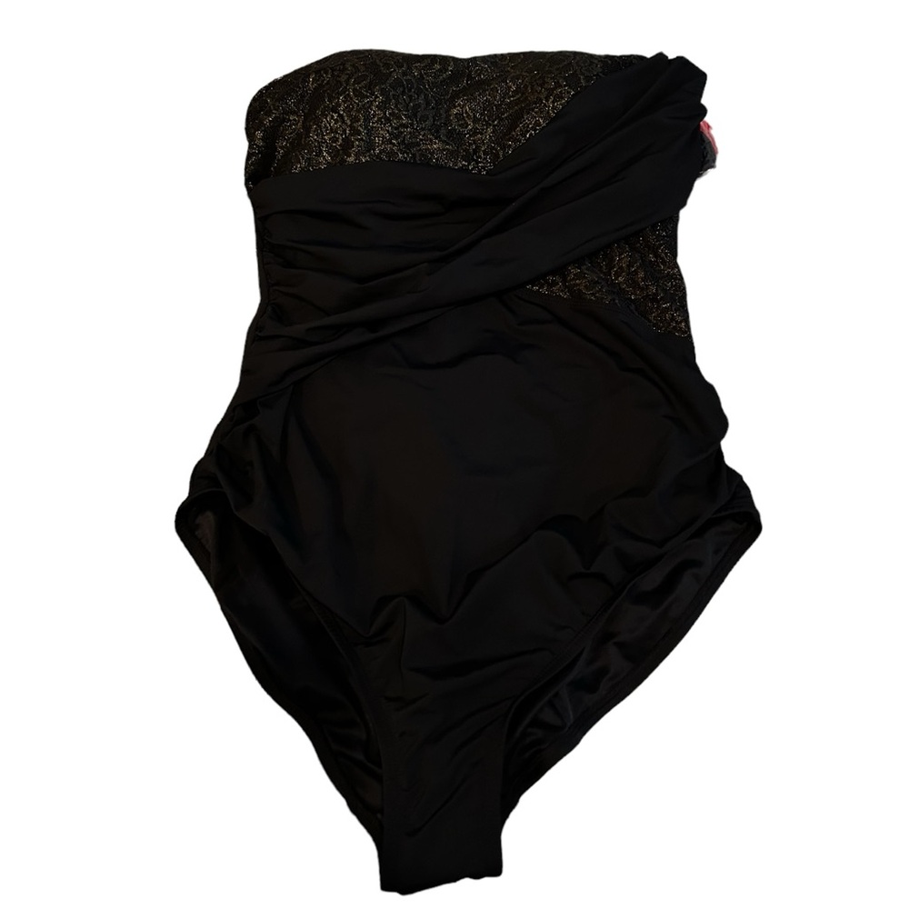 Spanx Swim Golden Hour Black&Gold Peekaboo Lace Bandeau One Piece Swim Suit🆕 - Picture 4 of 13